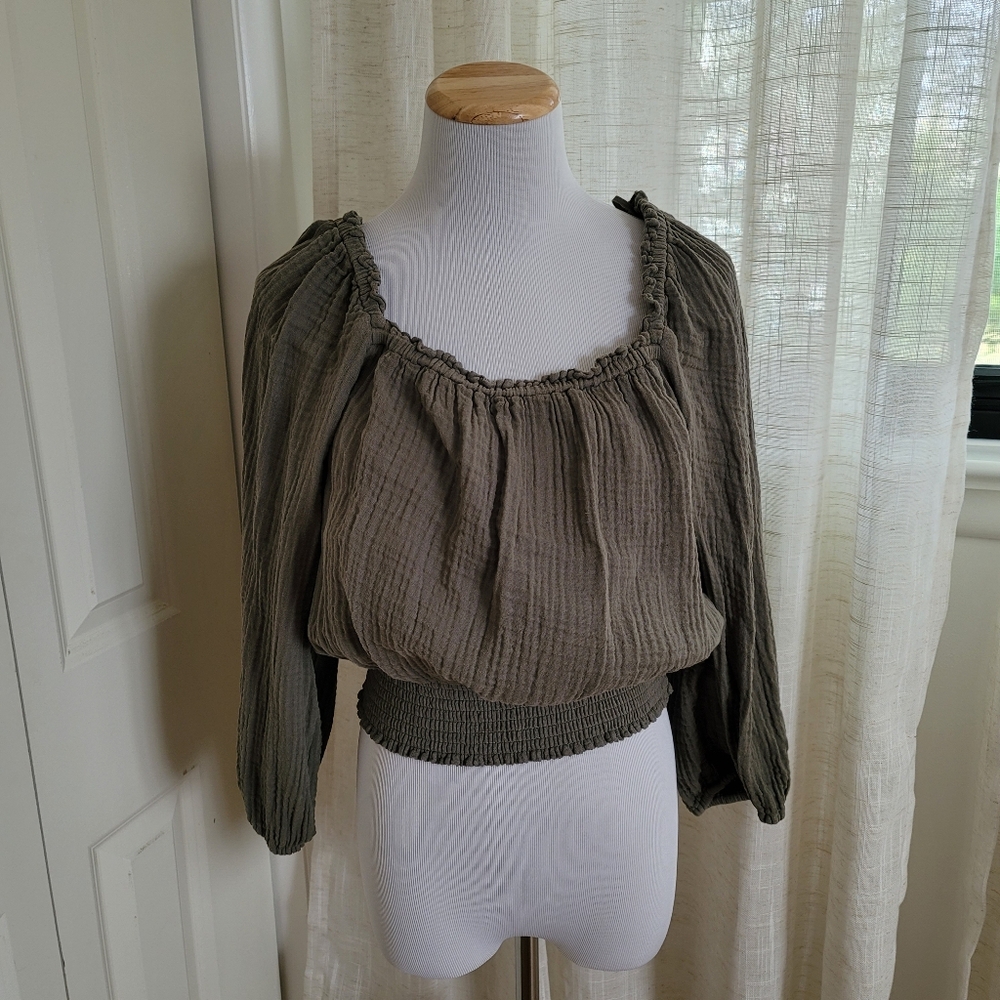 Michael Stars Kate Smocked Gauze Blouse Top Olive Size S Pre-owned
